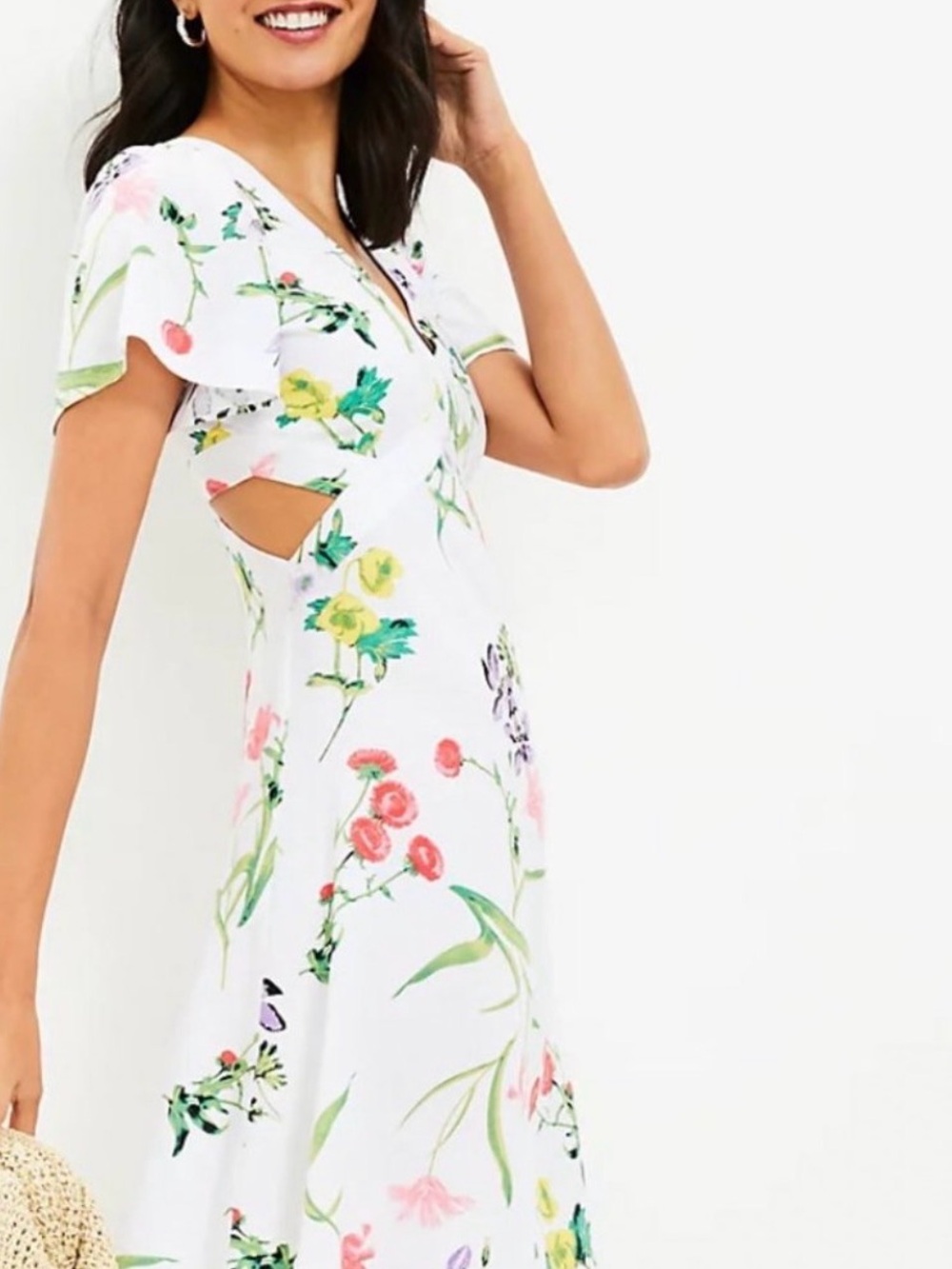 NWT Loft White Floral Cutout Dress Garden Party Colorful V Neck Womens Size 8